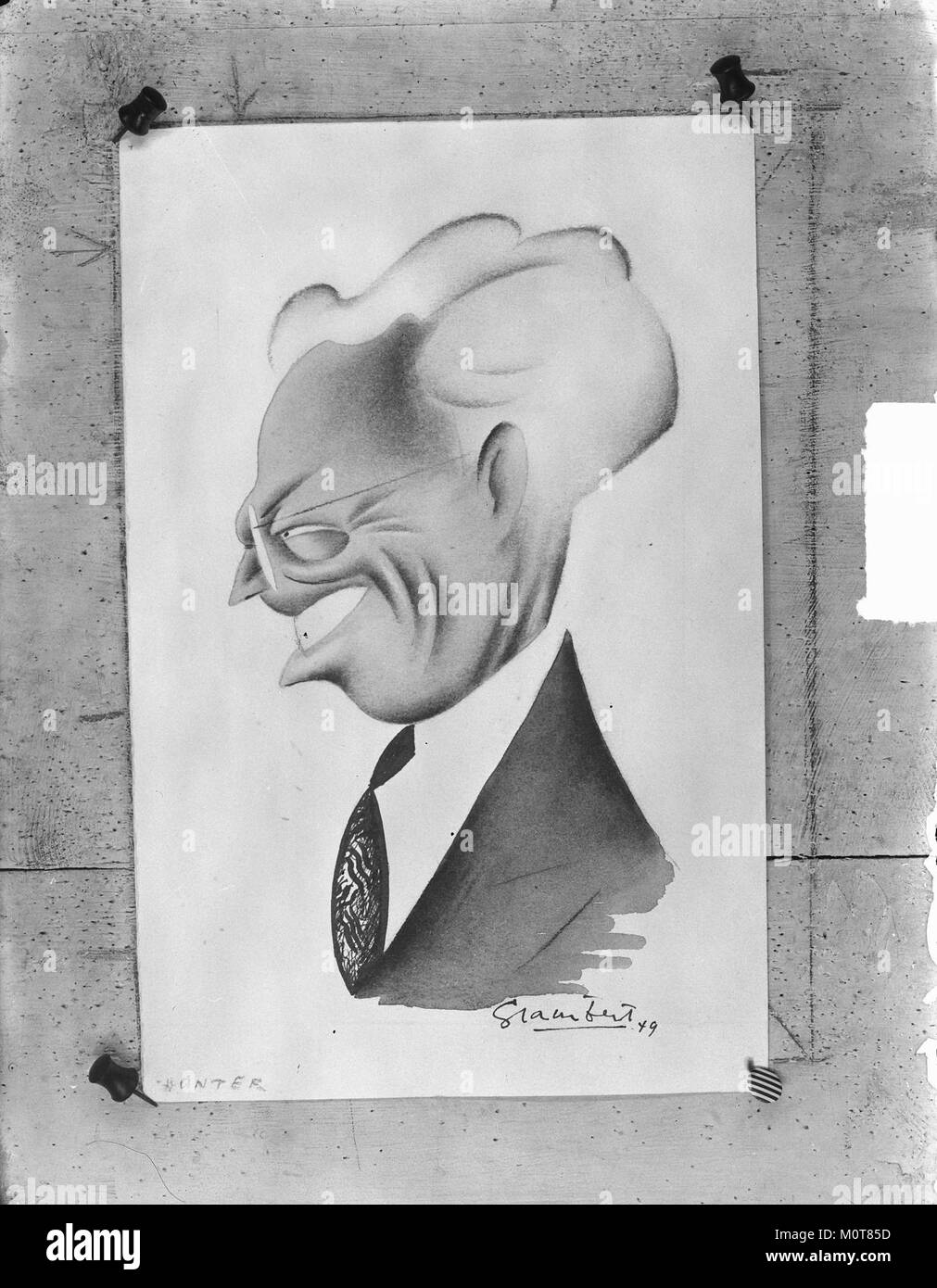 Questa è una caricatura del *Volkskrant*, un importante giornale olandese. L'immagine esagera umoristicamente una figura politica o sociale, tipica dell'arte caricaturale utilizzata nei contenuti editoriali. Foto Stock