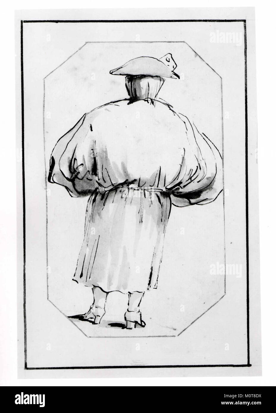 Questa caricatura raffigura una persona che indossa un abito voluminoso, visto da dietro, che mostra le caratteristiche esagerate tipiche della forma d'arte. L'opera d'arte è un notevole esempio di caricatura del XIX secolo, enfatizzando l'umorismo e il commento sociale. Foto Stock