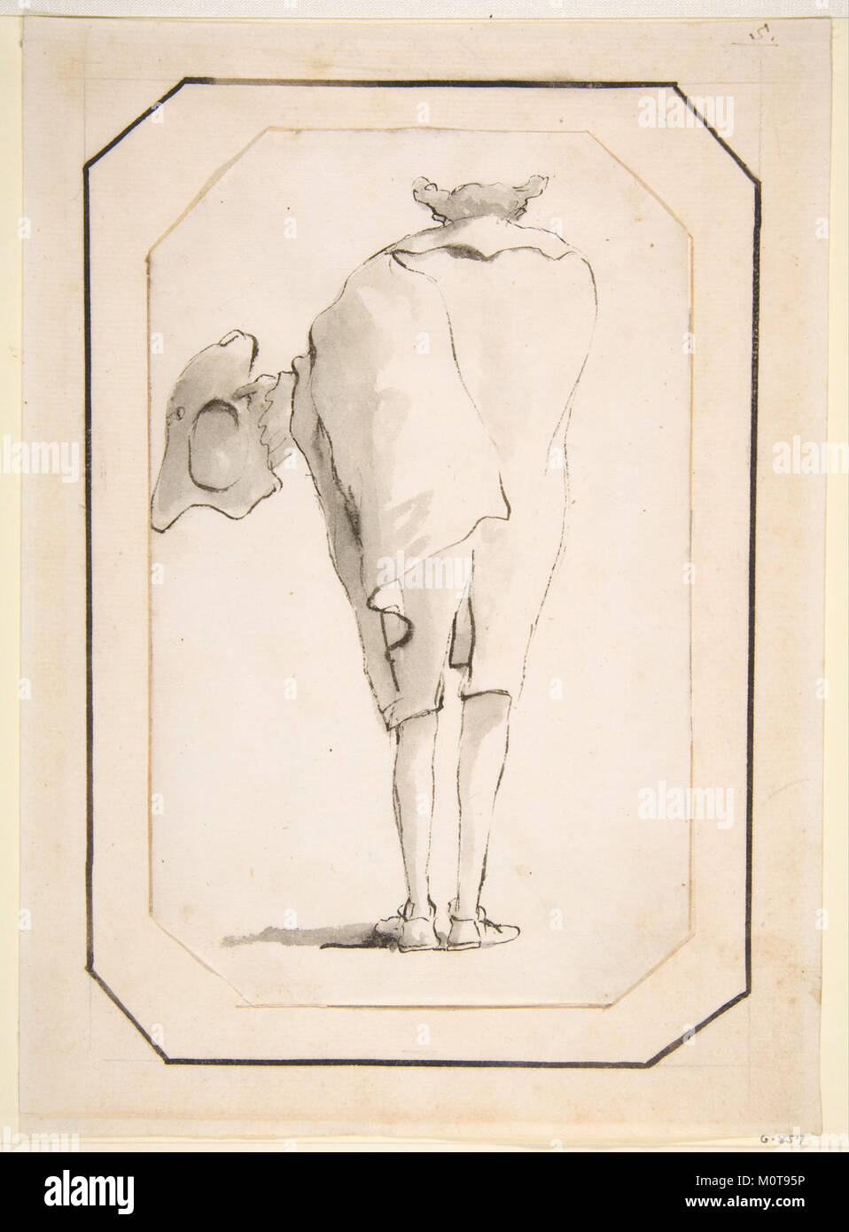 Questa caricatura, raffigurata da dietro, mostra un uomo che regge un cappello tricorne. L'immagine è una rappresentazione satirica, che cattura la moda e lo stile del tempo, con un'enfasi sul caratteristico cappello del XVIII secolo. Foto Stock