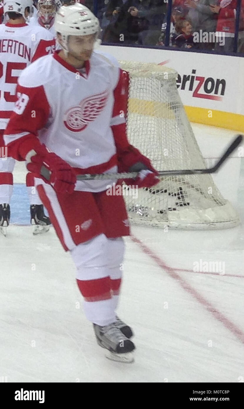 Carlo Colaiacovo, un giocatore di hockey professionista, giocò per i Detroit Red Wings durante la stagione 2013 della NHL. Conosciuto per le sue abilità difensive, Colaiacovo contribuì agli sforzi della squadra sul ghiaccio durante quell'anno. Foto Stock