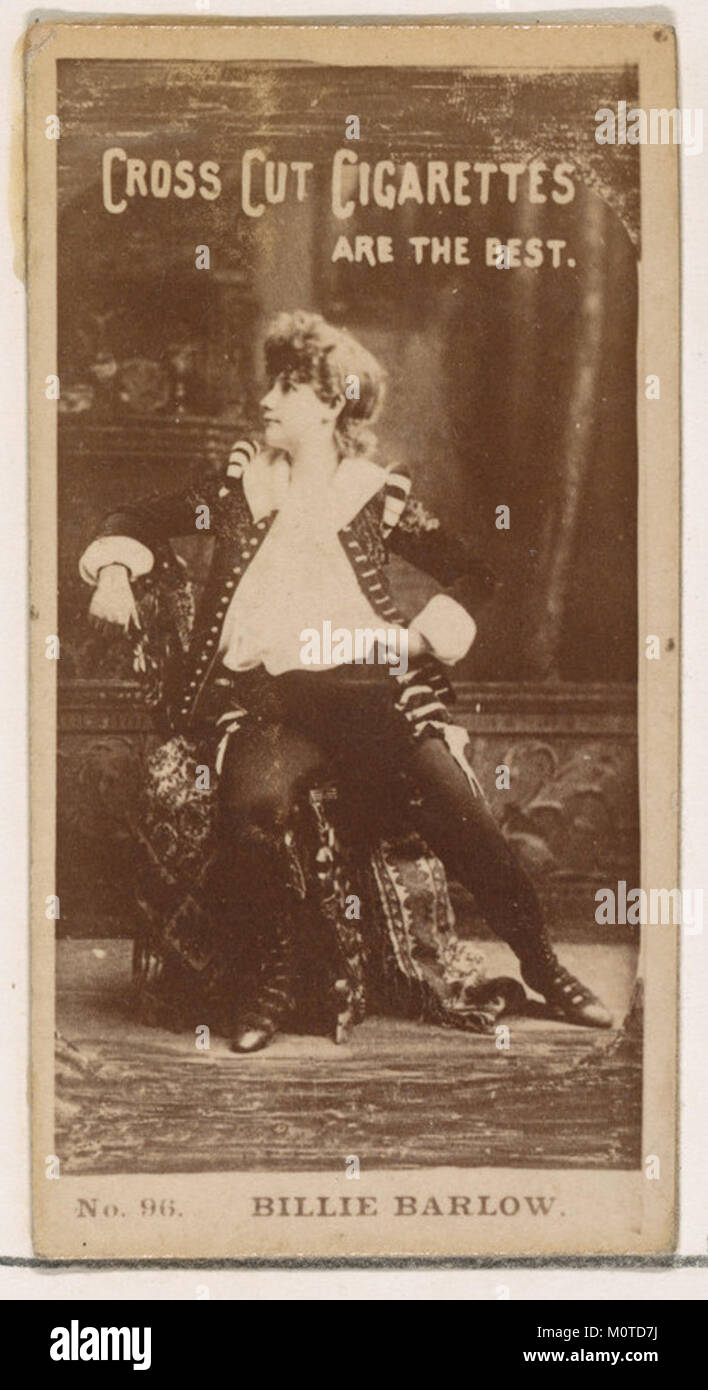 Questa carta presenta Billie Barlow, un'attrice della serie "Actors and Actresses" (N145-2), emessa da Duke Sons & Co. Per promuovere le sigarette Cross Cut. La carta mostra la sua immagine dell'inizio del XX secolo come parte di una serie di sigarette da collezione. Foto Stock