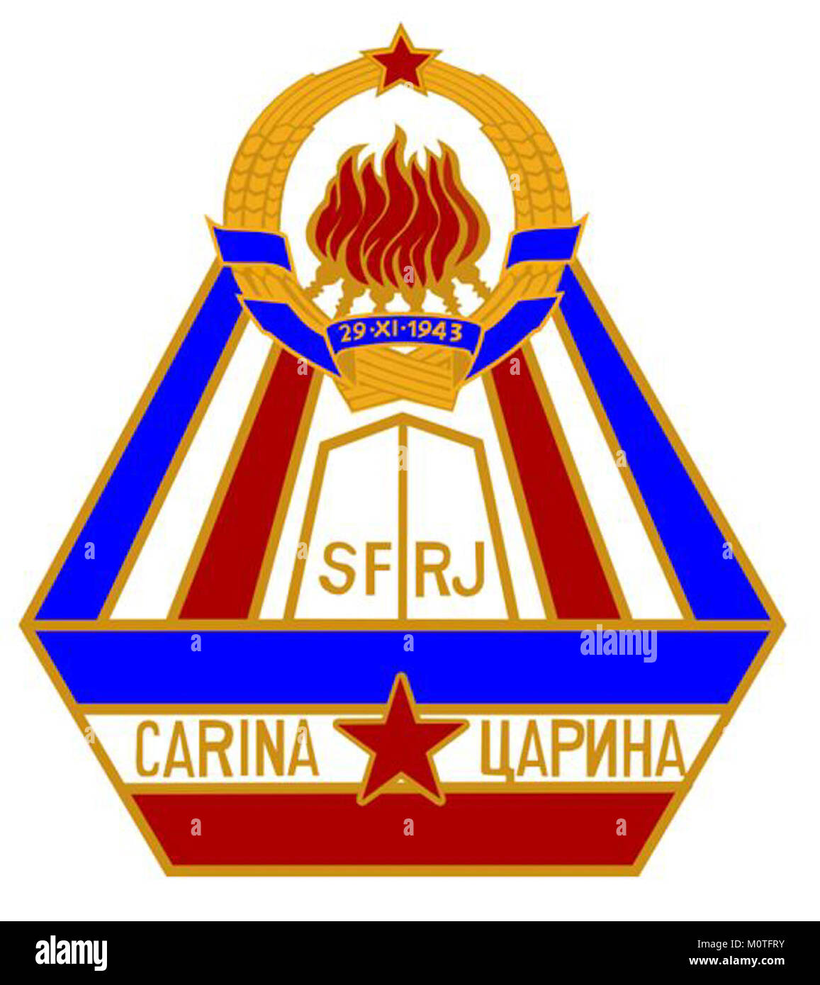 La sigla "Carinska oznaka SFRJ" si riferisce al marchio doganale utilizzato in Jugoslavia (SFRJ). Questo simbolo è stato applicato alle merci destinate all'esportazione e all'importazione durante il periodo della Repubblica Socialista Federale di Iugoslavia, indicando la conformità doganale e il controllo regolamentare per il commercio. Foto Stock
