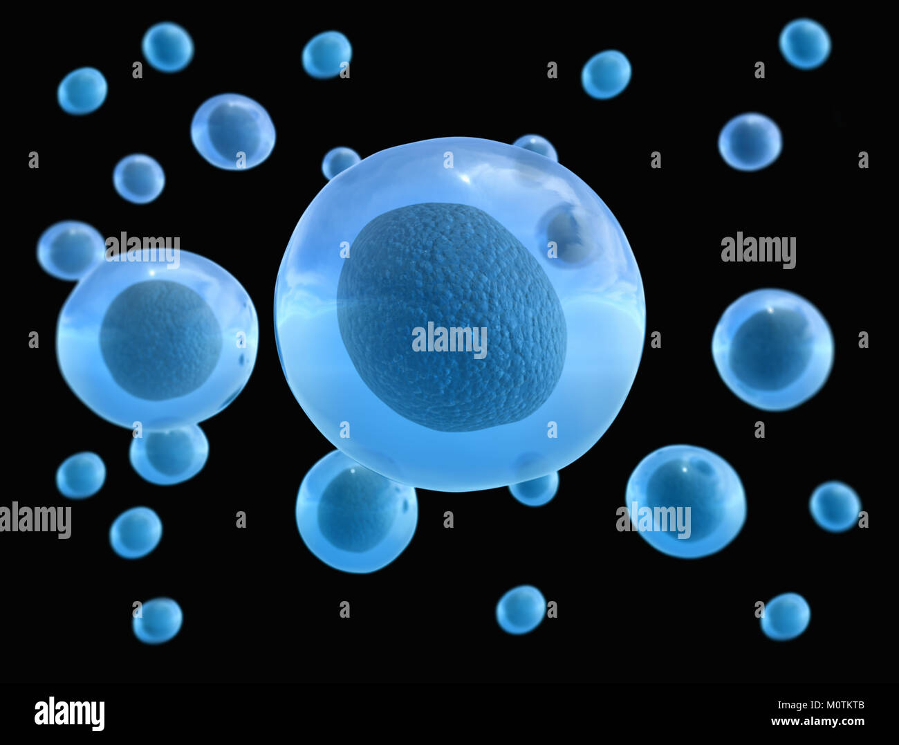 Le cellule blu sotto il microscopio. La vita e la biologia, medicina scientifica, ricerca molecolare di DNA. Background scientifico Foto Stock