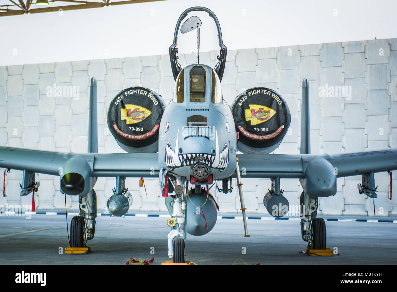 La 303Expeditionary Fighter Squadron sbarcato un gruppo di A-10 Thunderbolt II Al Udeid Air Base lungo il tragitto a Kandahar Airfield, Gennaio 18, 2018. Foto Stock