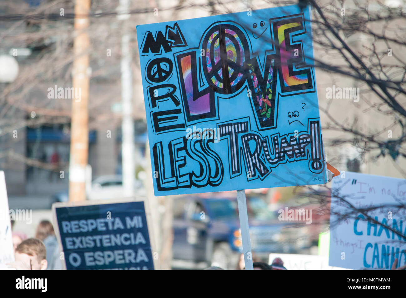 I manifestanti in tutte le forme al rally di donne del marzo a Dayton, Ohio, 20 gennaio 2018. Segni fatti in casa erano disseminate attraverso la grande folla. Foto Stock