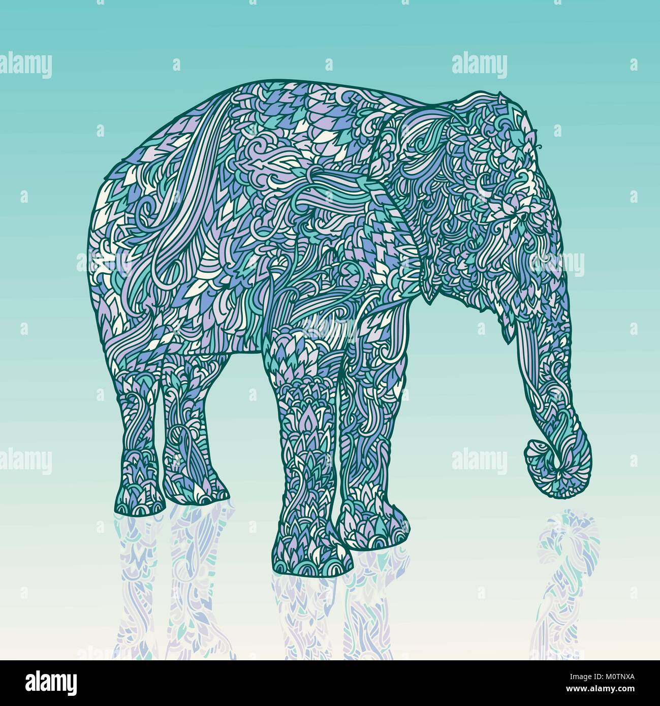 Elefante in stile asiatico. Mandala stile modello blu. Illustrazione Vettoriale. Illustrazione Vettoriale