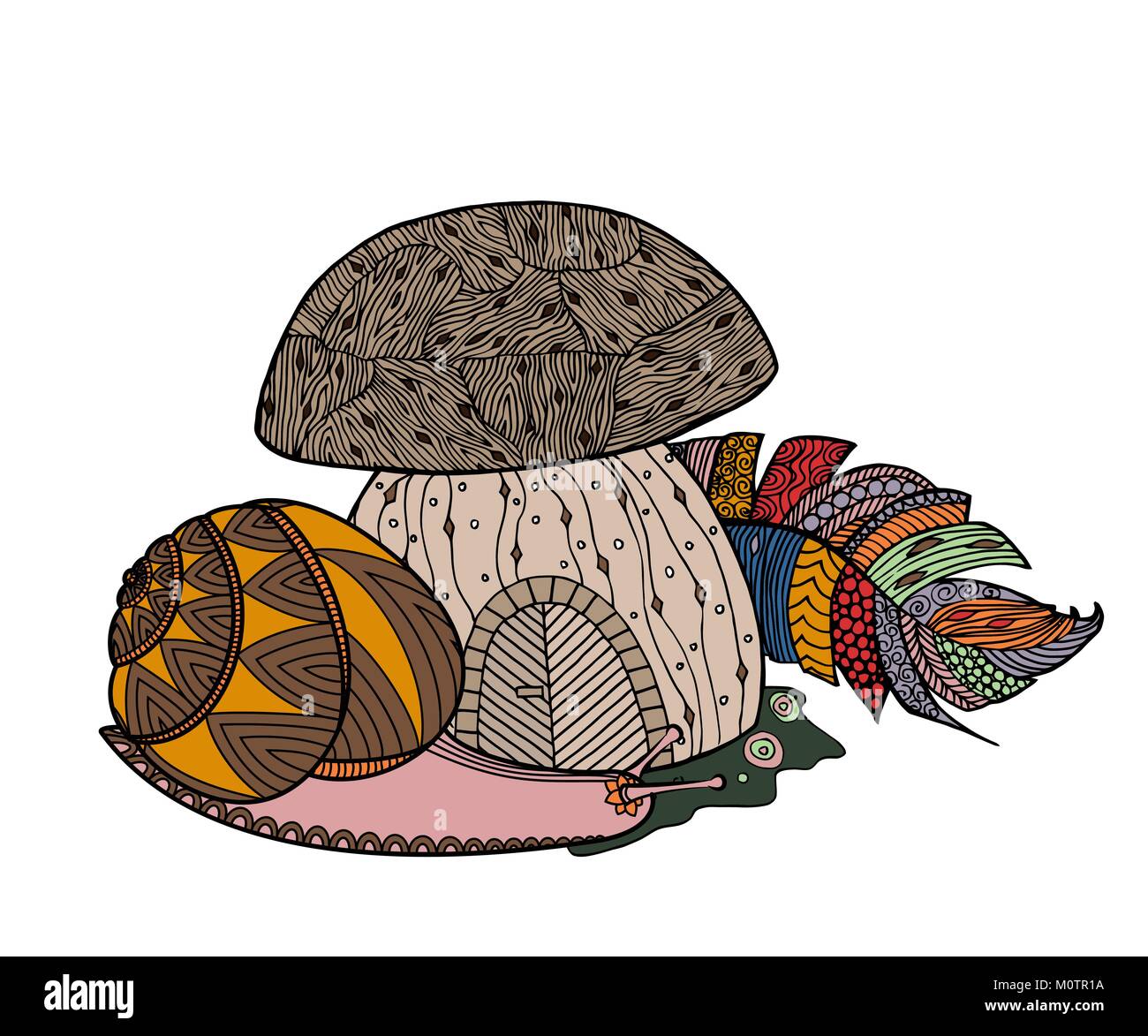 Testa a fungo da favola, feather uccelli e va a passo di lumaca. Illustrazione Vettoriale