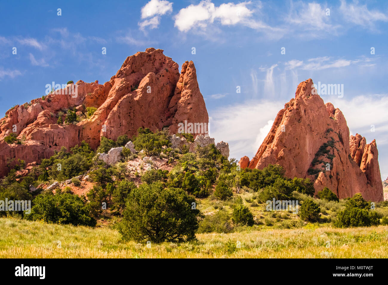 Vista del meraviglioso giardino degli dèi Park in Colorado Primavera, Colorado; erba verde, alberi e cespugli in primo piano; bizzarre formazioni rocciose Foto Stock