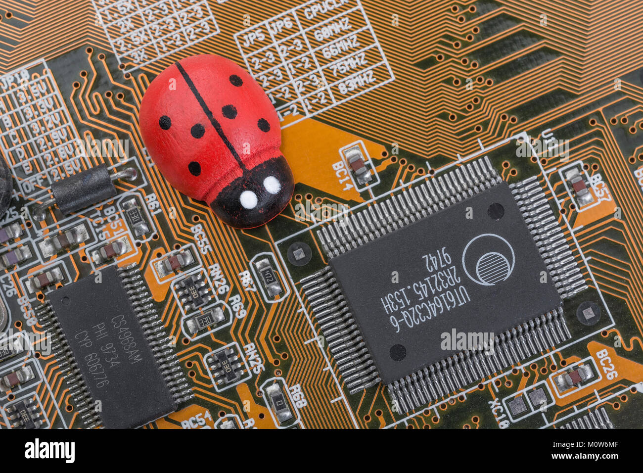 Piccolo giocattolo coccinella - come metafora visiva per il concetto di computer bug, errori di software, hardware di bug, virus informatici. Foto Stock