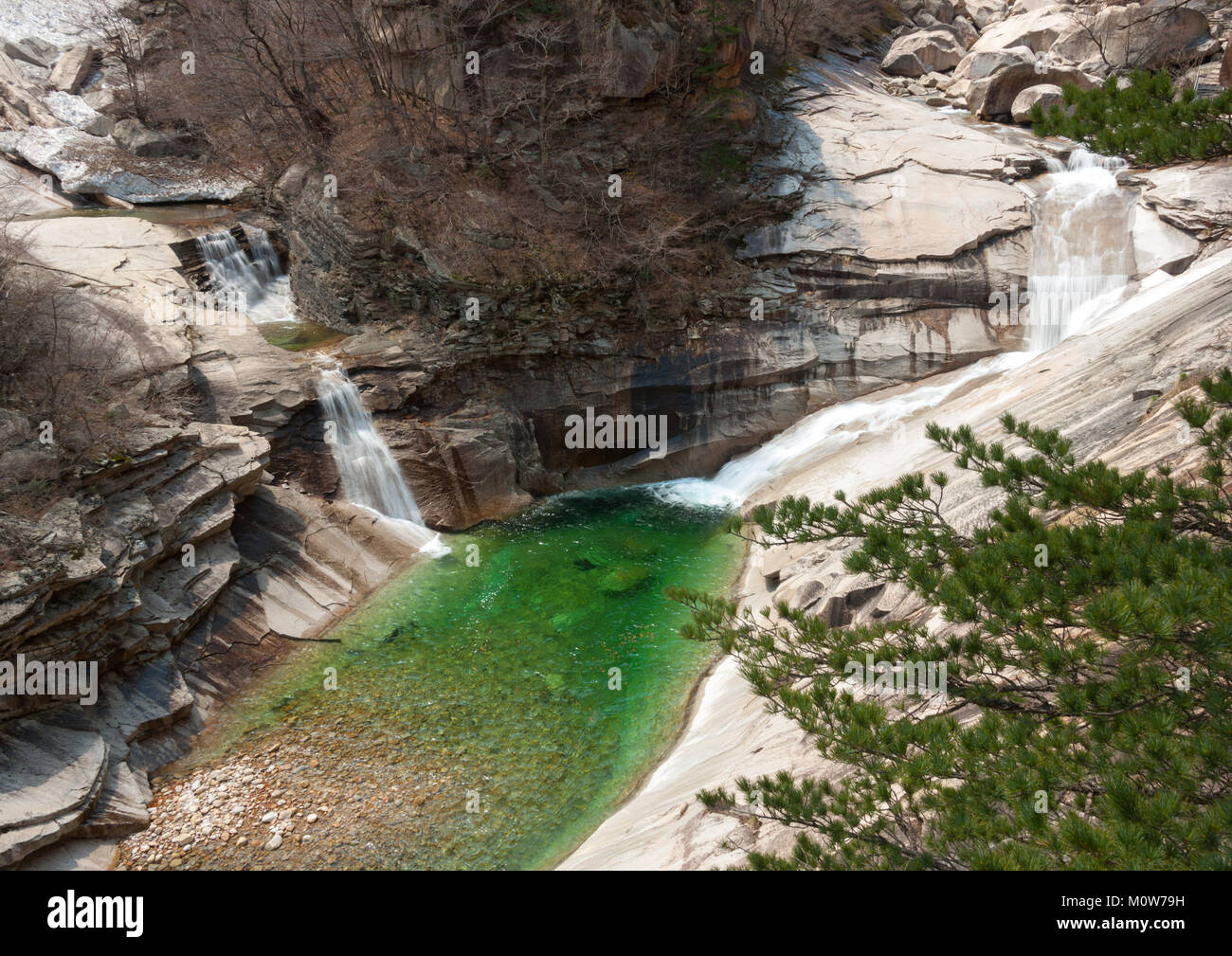 La cascata e piscina verde, Kangwon-do, Mount Kumgang, Corea del Nord Foto Stock