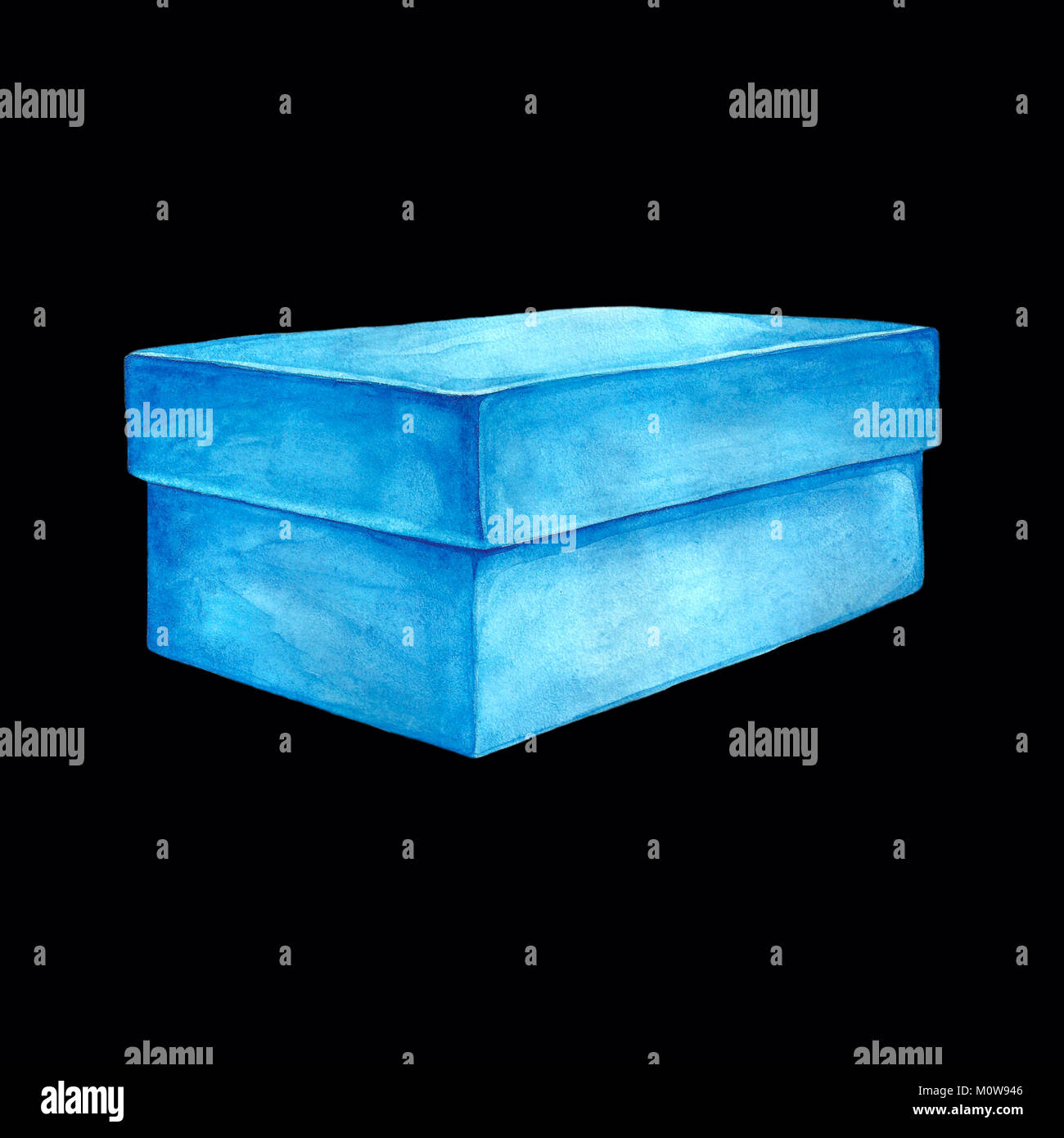 Acquerello immagine di un blu scatola di cartone. Illustrazione isolata di un pacchetto rettangolare. Disegno a mano su uno sfondo nero. Dipinte a mano e dono bo Foto Stock