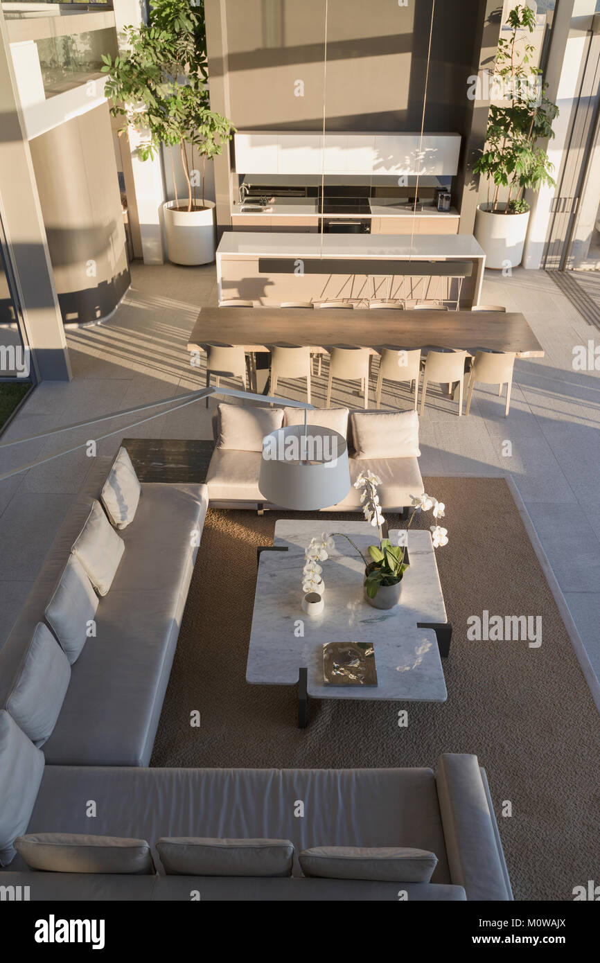 Vista in elevazione lusso, comfort home vetrina interno soggiorno e sala da pranzo Foto Stock