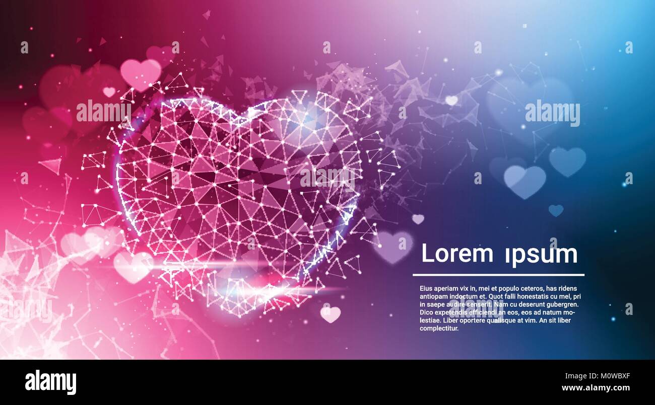 Forma di cuore a bassa poli blu scuro incandescente amore astratto simbolo su sfondo bokeh di fondo con spazio di copia Illustrazione Vettoriale