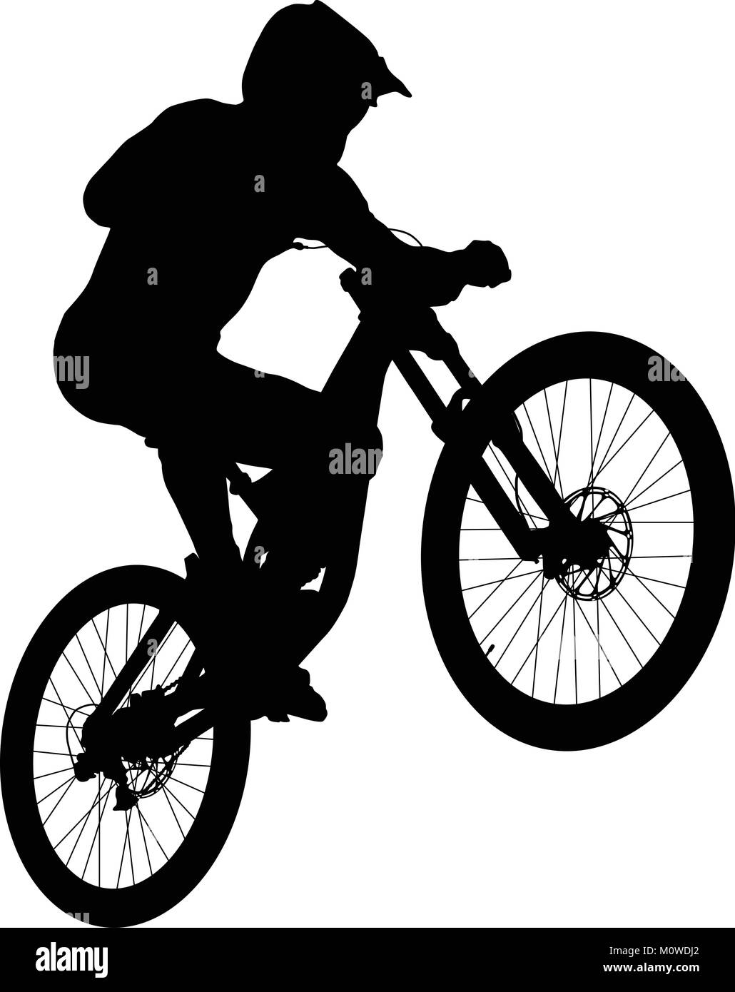 Jump atleta ciclista discesa mtb silhouette nera Illustrazione Vettoriale