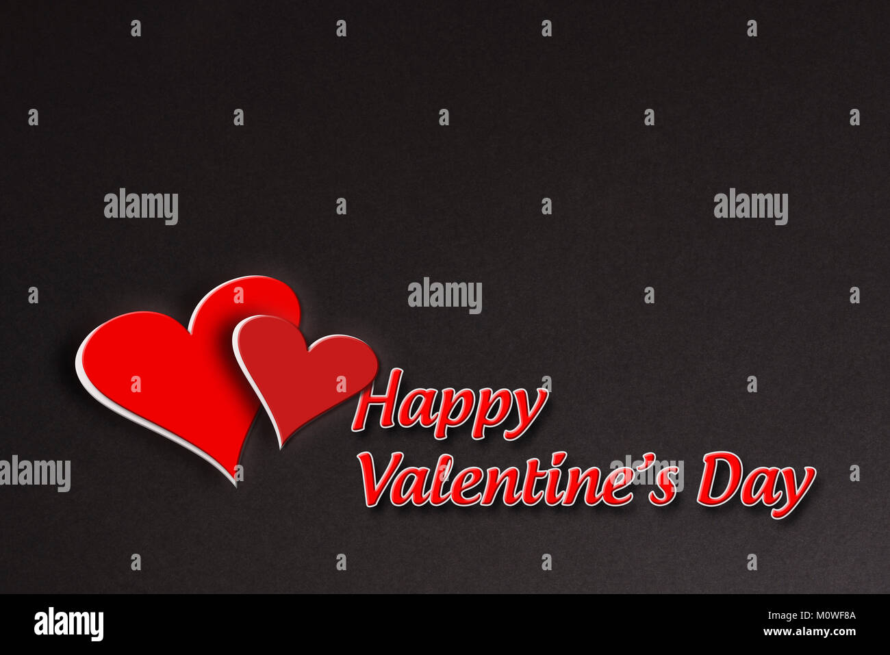 Illustrazione romantica card con due cuori rossi e testo buon san valentino su nero gradiente dello sfondo Foto Stock