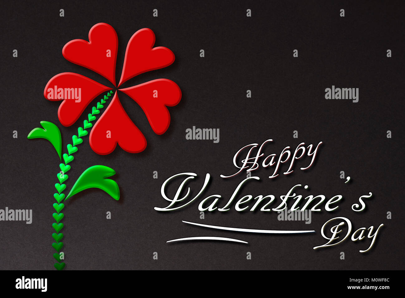 Fiore con cuori e testo buon san valentino su nero gradiente dello sfondo Foto Stock