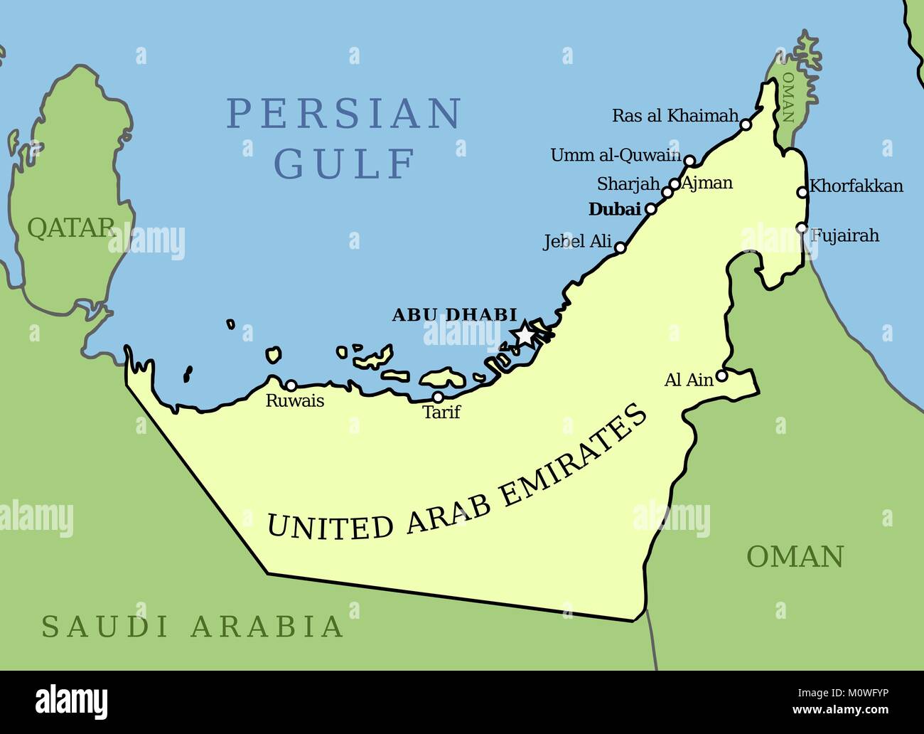Emirati Arabi Uniti mappa. La grafica di contorno mappa del paese con le principali città. Illustrazione Vettoriale