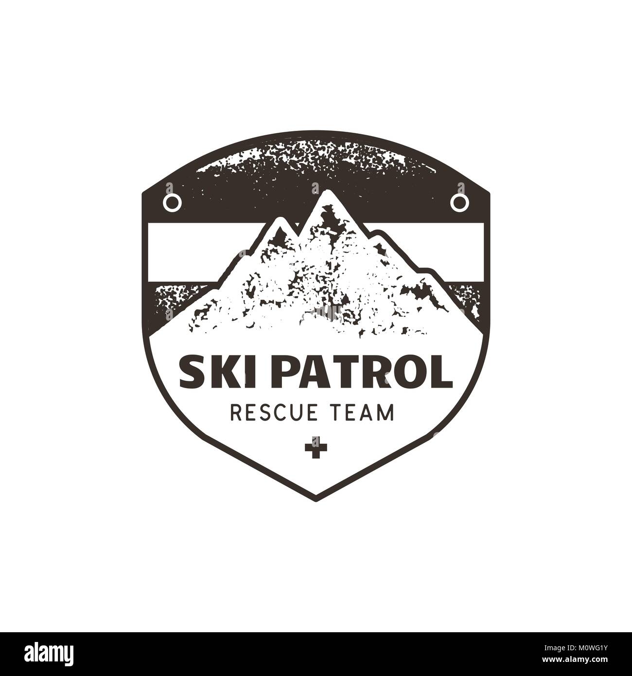 Vintage disegnati a mano mountain ski patrol emblema. Squadra di salvataggio patch. Le montagne del timbro. Monocromatico, grunge rilievografia effetto. Vettore di stock badge retrò illustrazione isolati su sfondo bianco Illustrazione Vettoriale