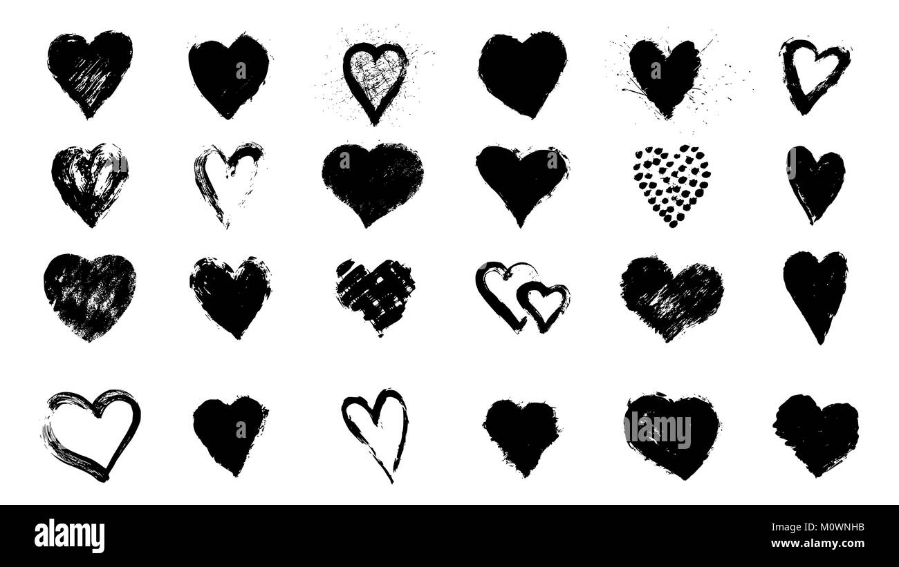 Illustrazione Vettoriale di pennello grande dipinto di cuori isolati su sfondo bianco. Il giorno di San Valentino grunge disegnato a mano le icone di cuore per il tuo design Illustrazione Vettoriale