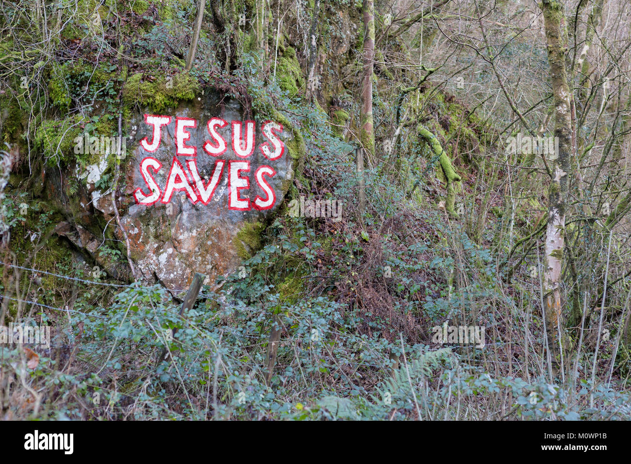 Gesù salva scritto in vernice su una roccia accanto alla A484 tra Bronwydd bracci e Cynwyl Elfed, Carmarthenshire, Galles Foto Stock