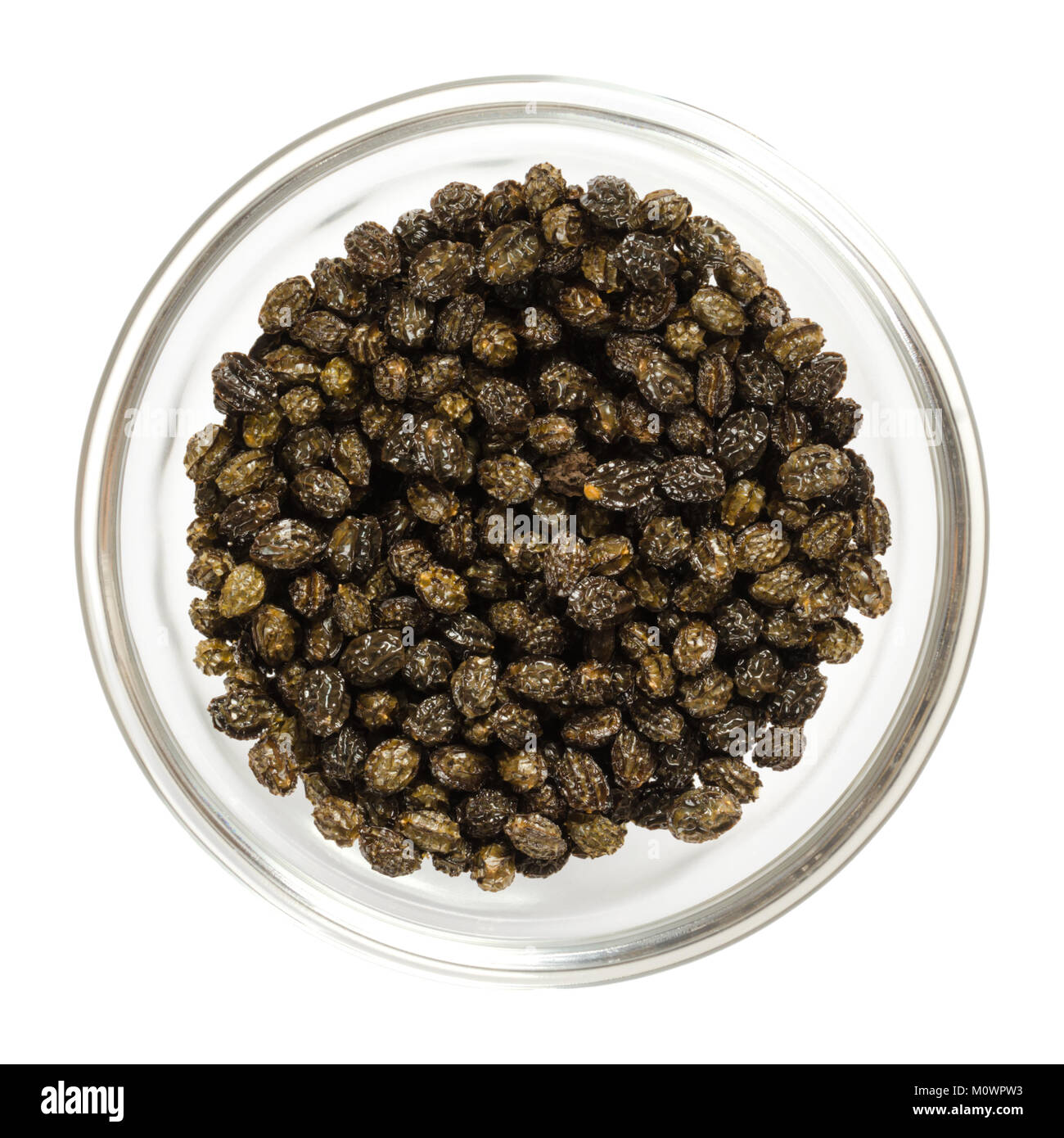 Essiccato nero semi di papaia in recipiente di vetro. Commestibile, con forte, sapore speziato, un sostituto per il pepe e per sconfiggere parassiti. Carica papaya. Foto macro. Foto Stock