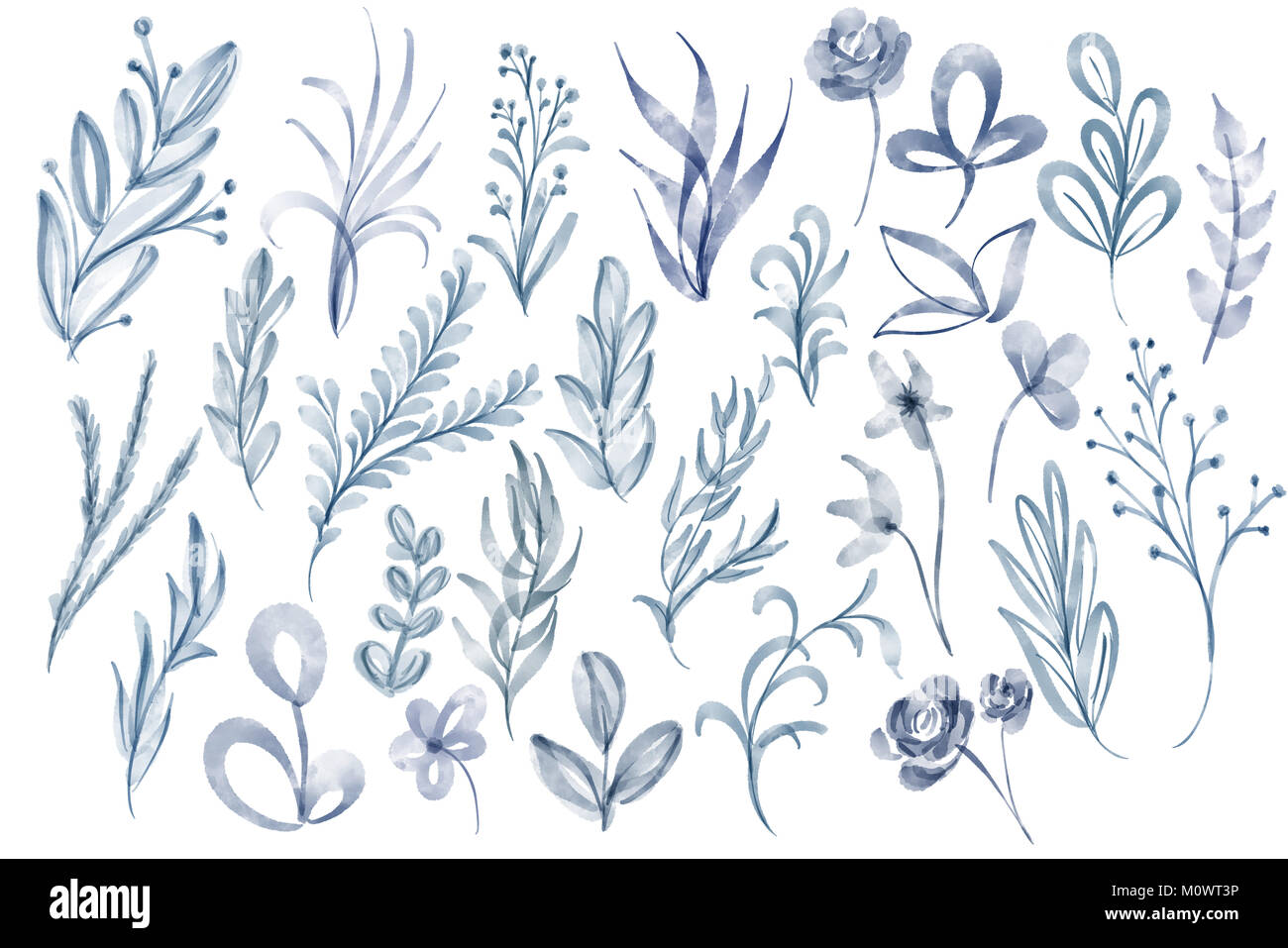 Impostare acquerello blu rami e foglie, disegnati a mano gli elementi di design. Isolato su sfondo bianco per i biglietti di auguri per le nozze, il giorno di San Valentino Foto Stock