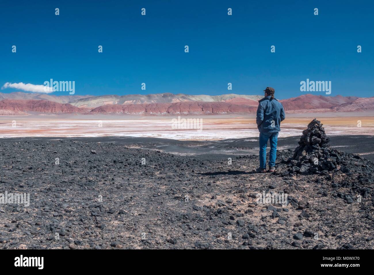 L'Argentina,Catamarca provincia,Puna desert,el Penon,Carachi Pampa laguna e vulcano flusso lavico Foto Stock