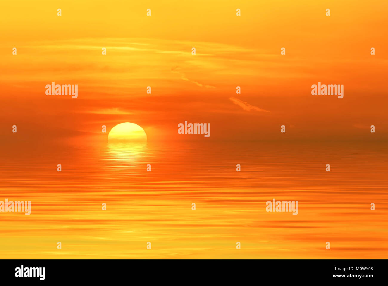 Colorato sfondo astratto con Sun su Fiery orange sky con la riflessione in acqua Foto Stock
