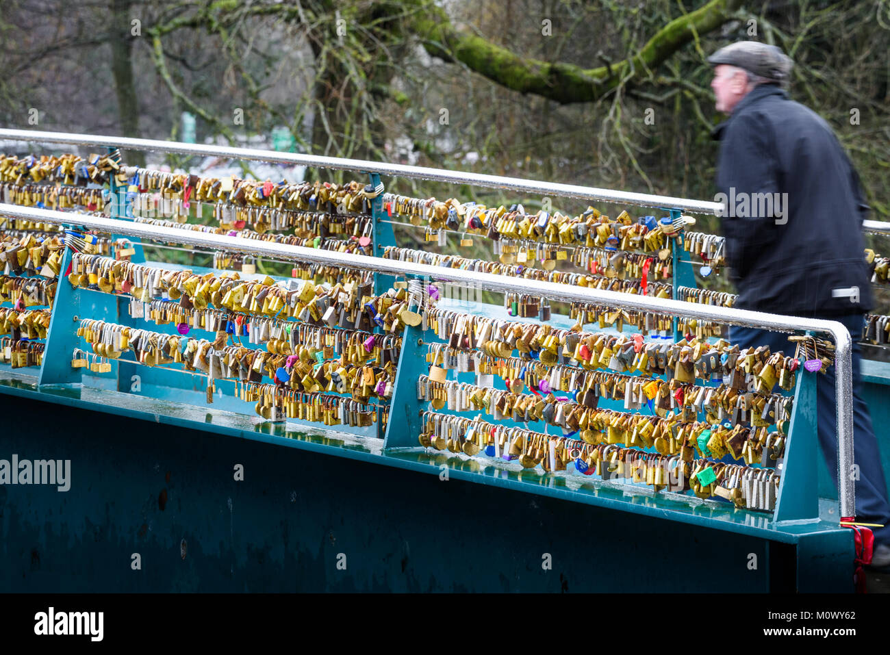 Raccolta di lucchetti bloccato su un piede ponte sul fiume Wye in una piovosa giornata invernale e alla città di Bakewell nel distretto di picco del Derbyshire, Engl Foto Stock