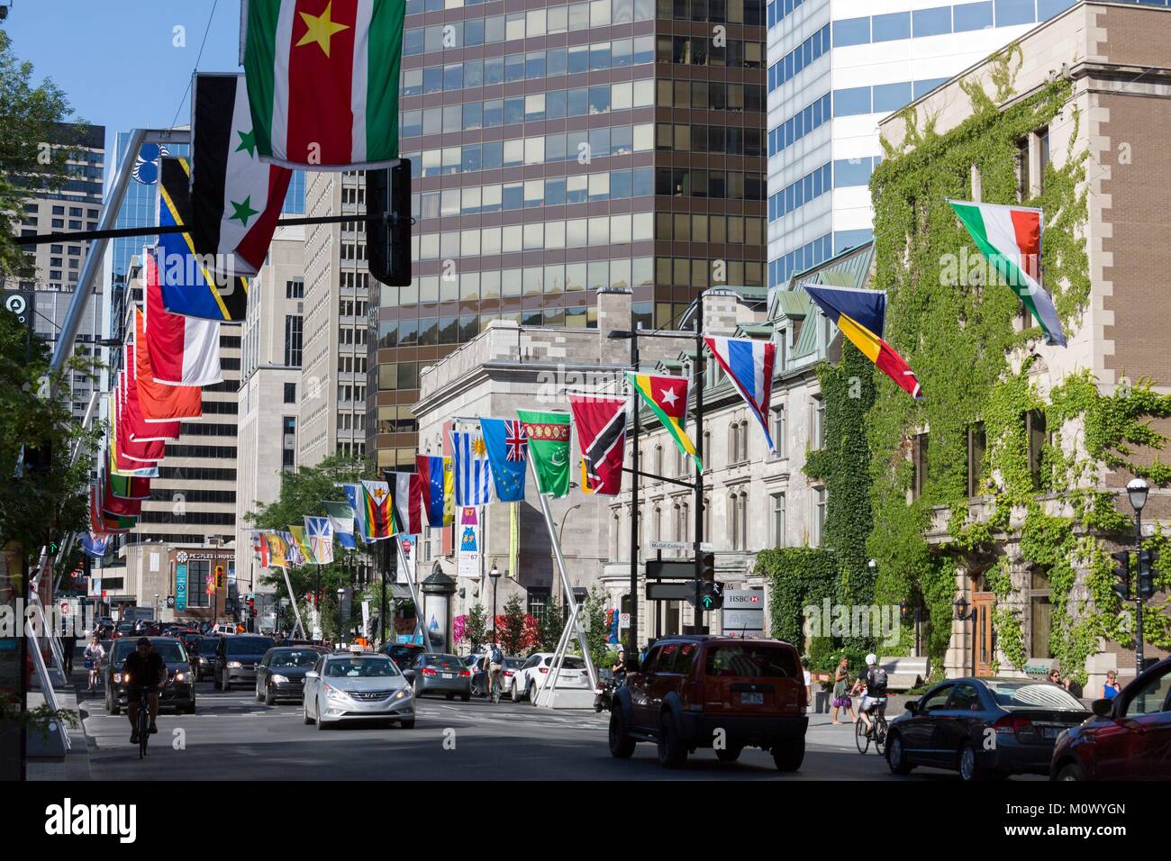 Canada, Québec provincia,Montreal,centro della città,Sherbrooke Street,pavimentata con i colori delle bandiere di circa 200 paesi membri delle Nazioni Unite nonché quelle del Canada è 13 province e territori,La Balade pour la la pace: un museo a cielo aperto in occasione del 350° anniversario della città Foto Stock