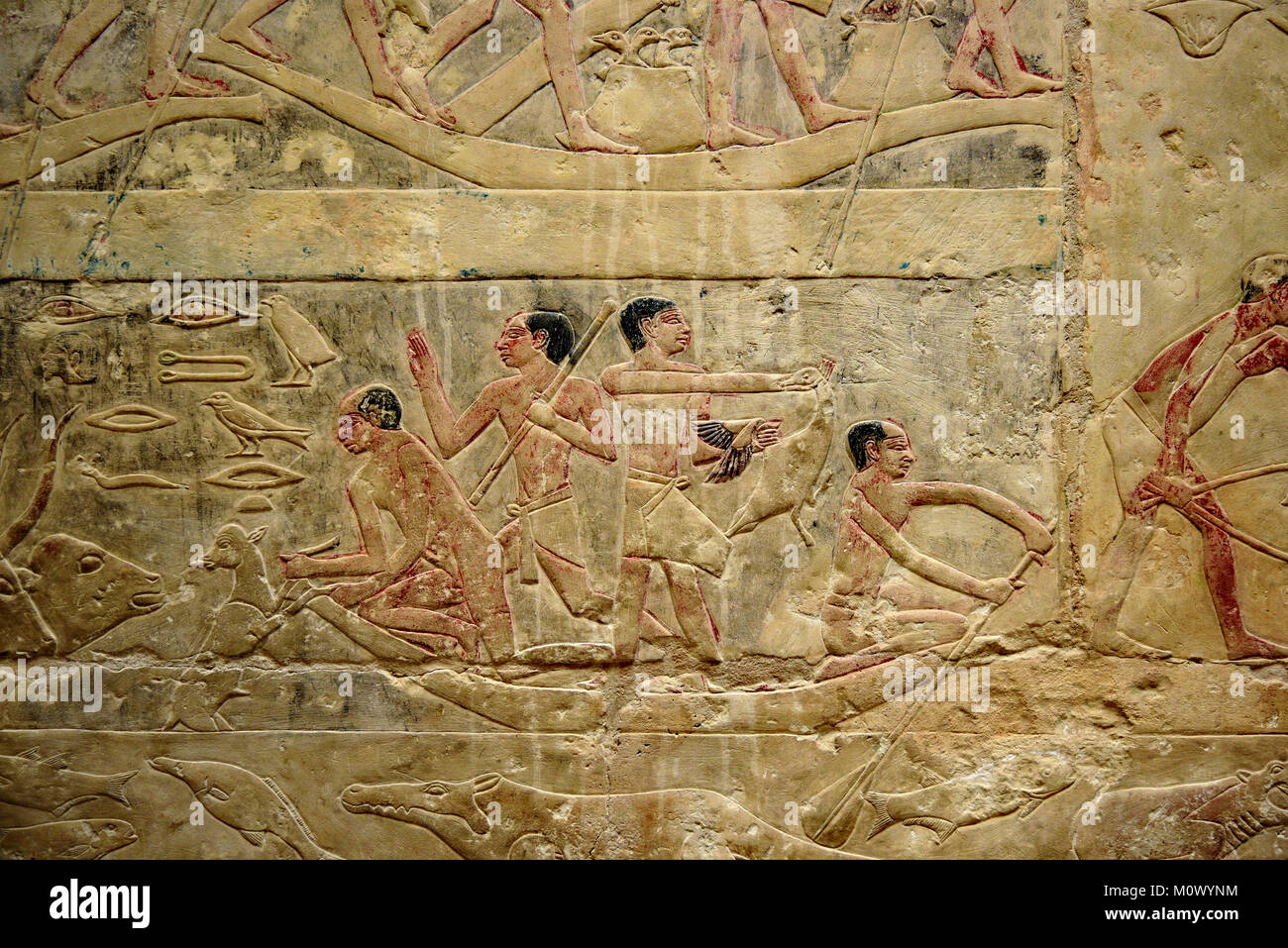 Antica geroglifico egizio carta murale e stele raffigurante lo stile di vita, Giza in Egitto. Foto Stock