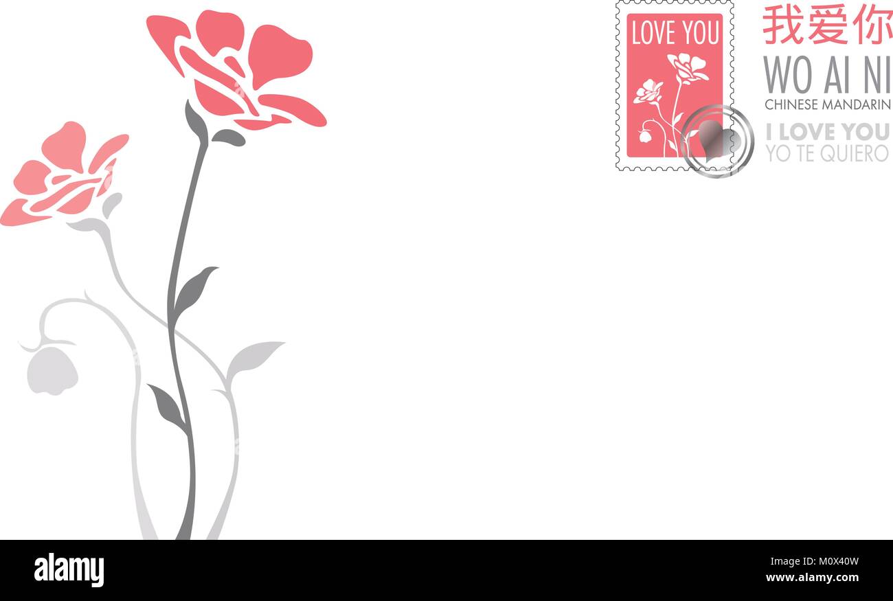 Cartolina con la frase TI AMO in inglese, spagnolo e cinese mandarino adornata con timbro di colore rosa e fiori in rosa e grigio in background Illustrazione Vettoriale