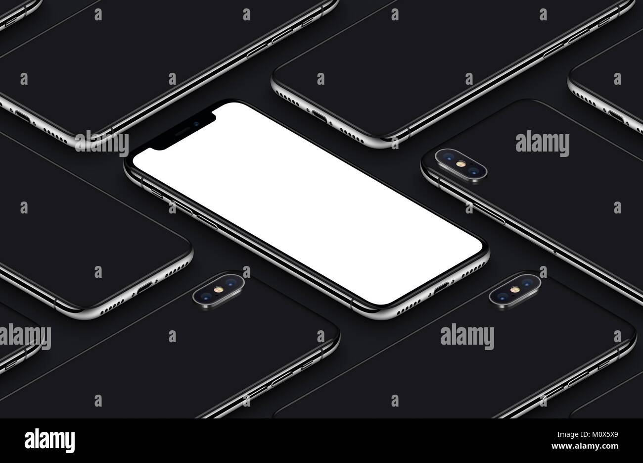 Prospettiva isometrica come smartphone iPhone X mockup pattern sul lato anteriore e il lato posteriore nero poster. Foto Stock