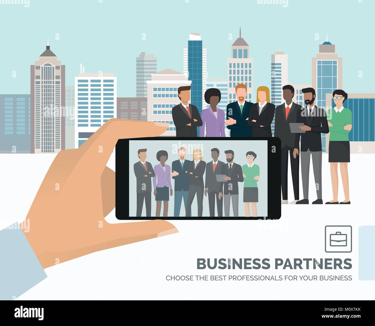 Corporate multi etnico la gente di affari in posa insieme e dello skyline della città sullo sfondo, un uomo è di scattare una foto utilizzando uno smartphone Illustrazione Vettoriale