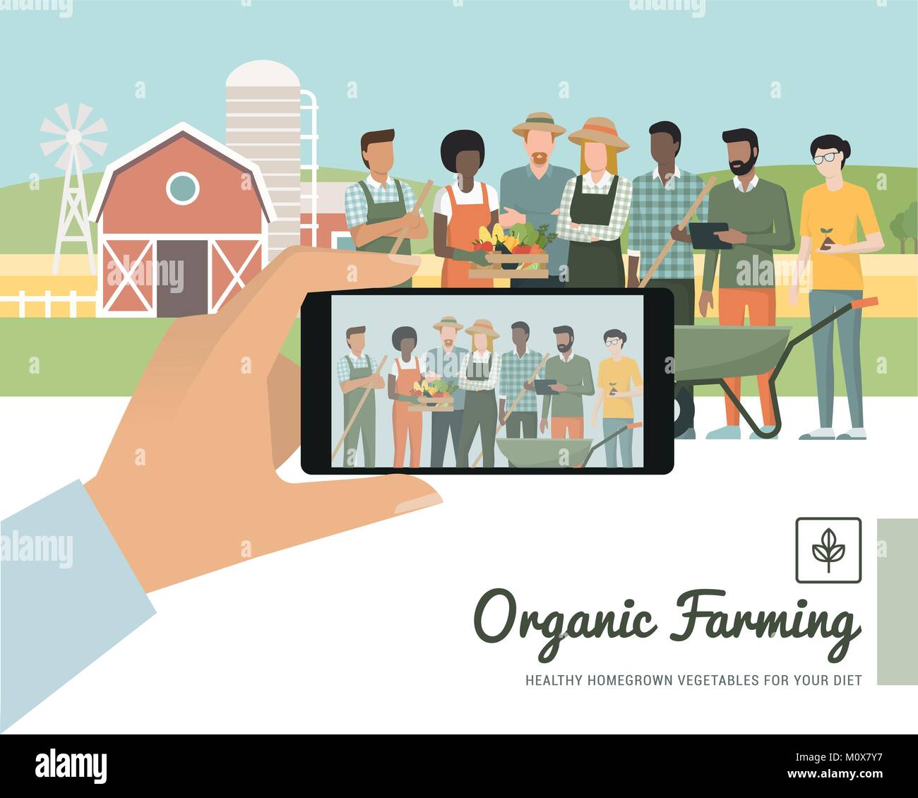 Multi-etico gruppo di agricoltori che presentano insieme alla fattoria, un uomo sta facendo un ritratto utilizzando uno smartphone, un punto di vista soggettivo Illustrazione Vettoriale