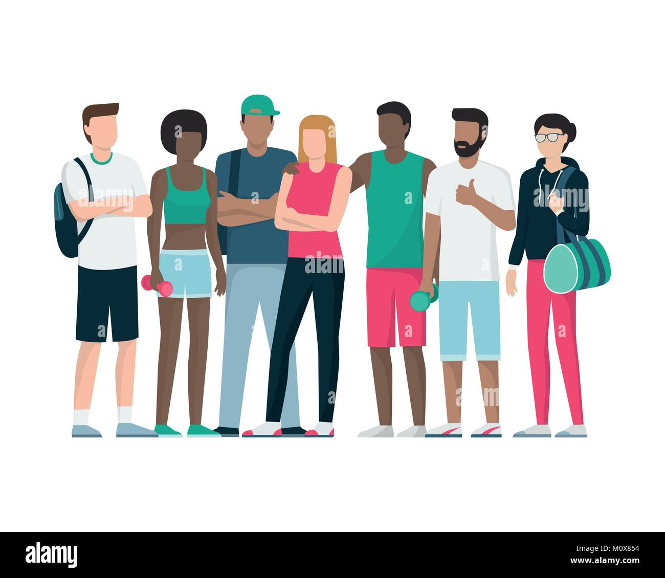 Gruppo di sport sano persone in piedi insieme, fitness e il concetto di formazione Illustrazione Vettoriale