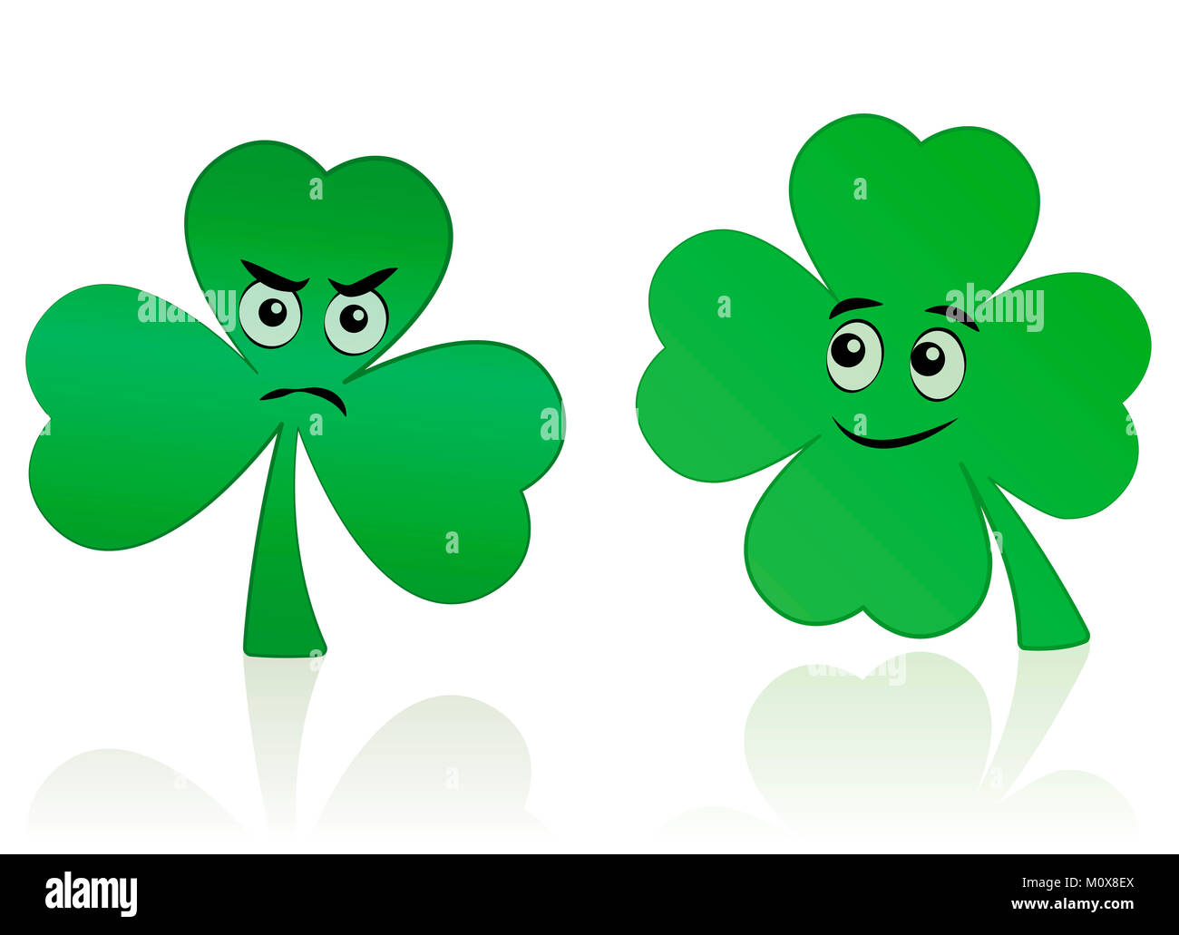A foglia di trifoglio e shamrock comico - volti sorridenti e arrabbiato figura. Foto Stock