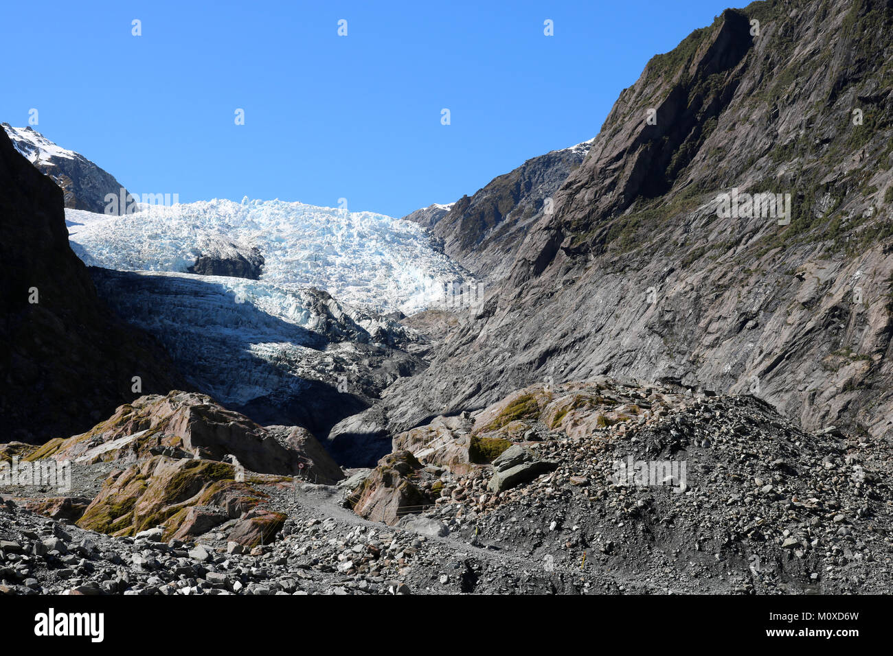 Visualizzare fino al sentiero al ghiacciaio Franz Josef (Ka Roimata o Hine Hukatere) in Westland Tai Poutini national park, Isola del Sud, Nuova Zelanda Foto Stock