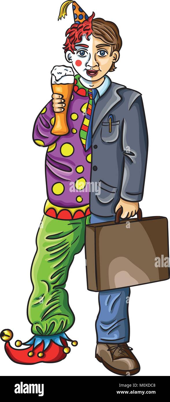 Illustrazione Vettoriale di uomo che indossa una tuta di business e un costume da clown e bere una birra tedesca in isolati sullo sfondo bianco. Il carattere mostra du Illustrazione Vettoriale