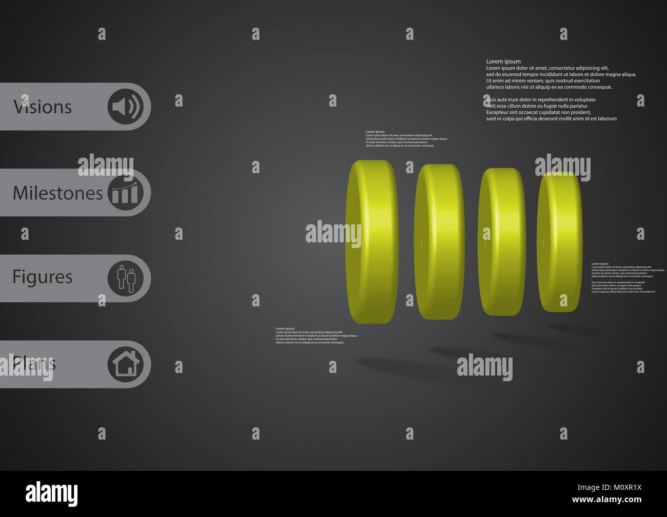 3D illustrazione modello infografico con motivo di quattro cilindri verde disposto in orizzontale con un semplice segno e un testo di esempio sul lato a barre. Dark g Illustrazione Vettoriale