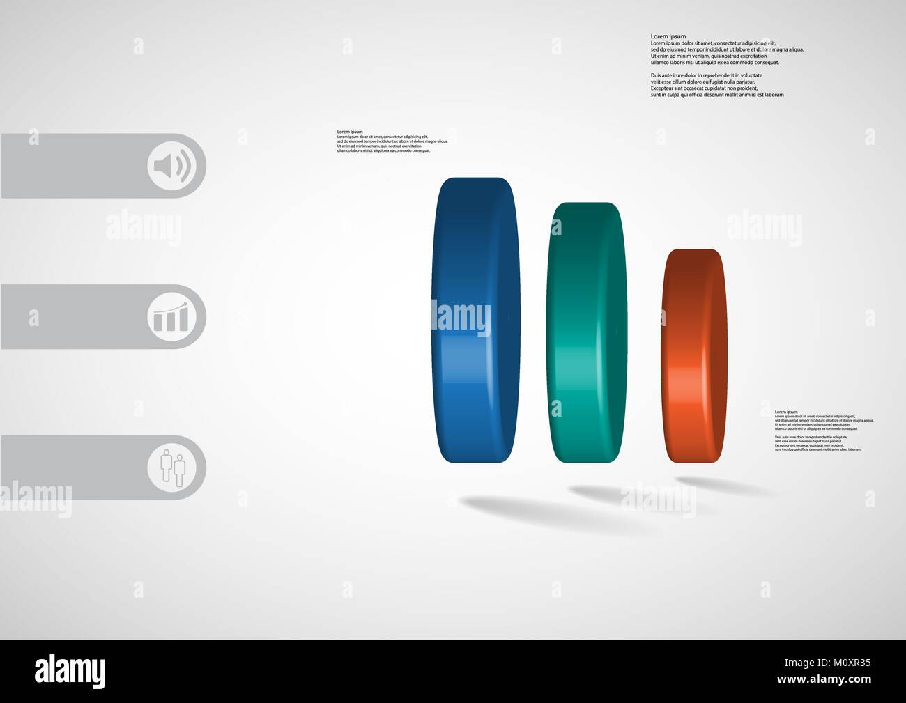 3D illustrazione modello infografico con motivo di tre cilindri di colore disposte in orizzontale con un semplice segno e un testo di esempio sul lato a barre. Luce Illustrazione Vettoriale