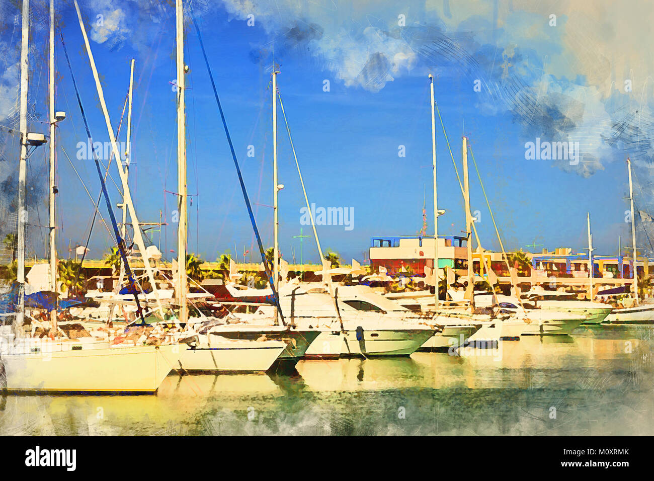 Puerto deportivo Marina Salinas. Yacht e Barche parcheggiato a dock nella Marina di Torrevieja. Bay con pontili nel centro della località di villeggiatura. Valencia, Spagna. Di Foto Stock
