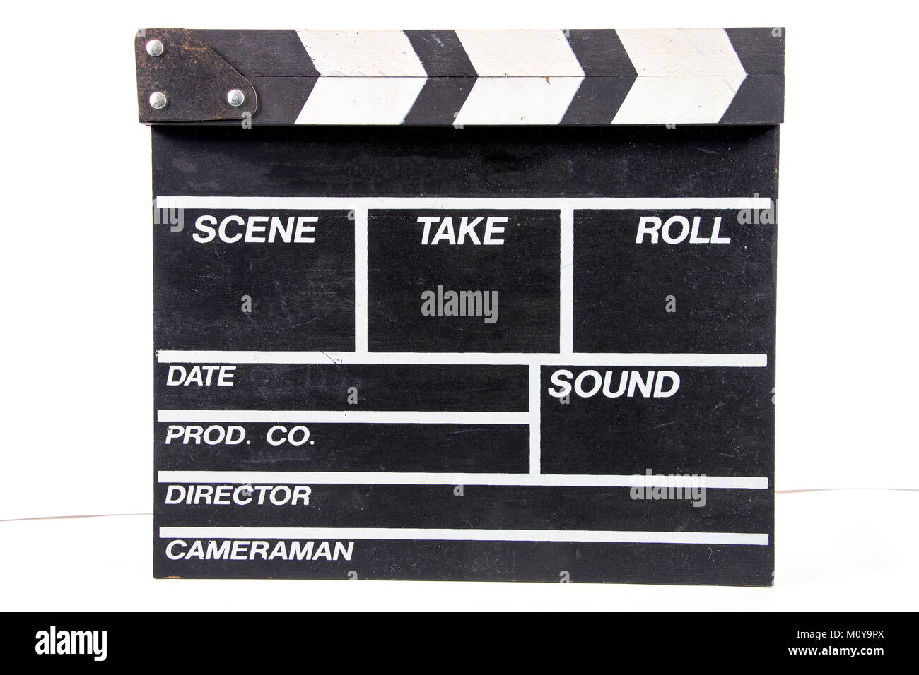 Movie clapper di bordo su uno sfondo bianco Foto Stock