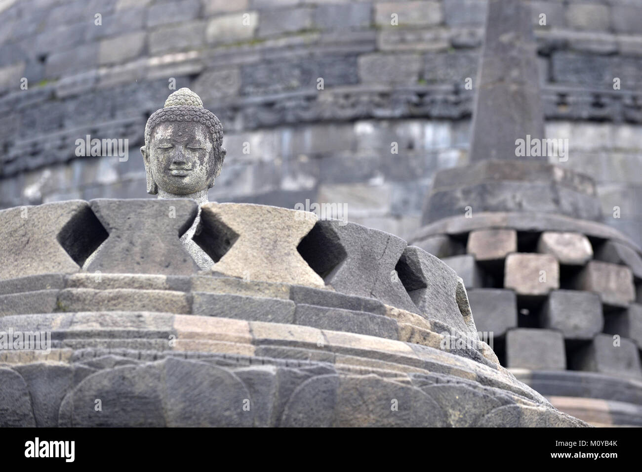 Dettaglio del buddista rilievo scolpite nel tempio di Borobudur in Yogyakarta, Java, Indonesia.. Foto Stock