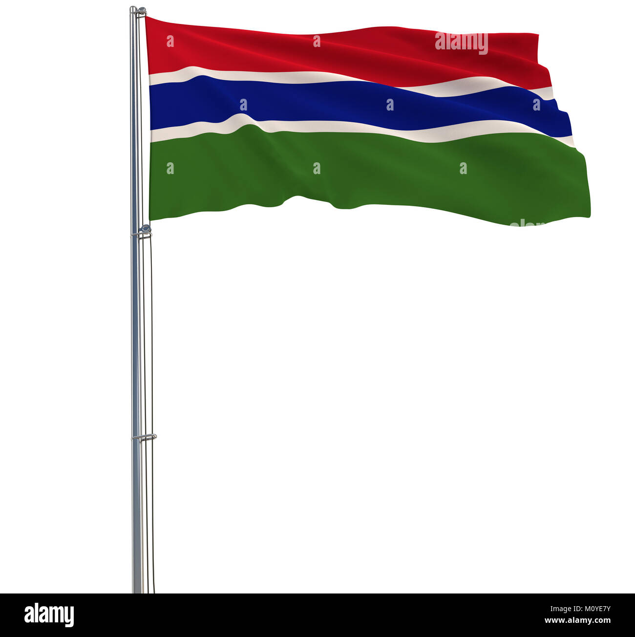 Isolare la bandiera del Gambia su un pennone che fluttua nel vento su uno sfondo bianco, rendering 3D Foto Stock