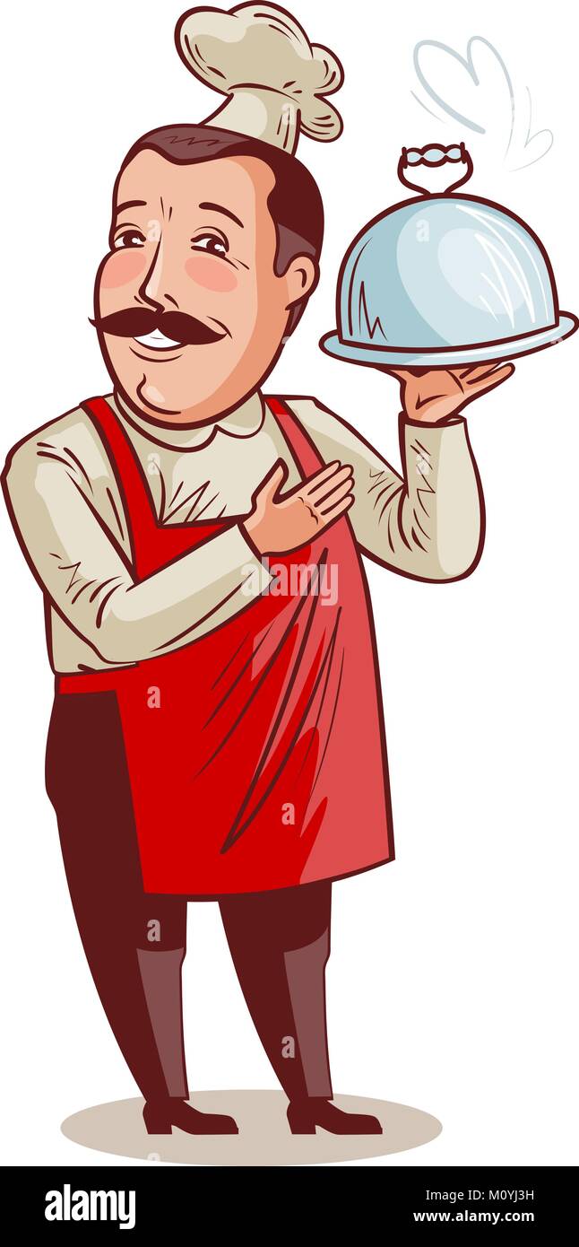 Lo chef felice. Cucinare con il vassoio, cloche in mano. La cottura, ristorante concetto. Fumetto illustrazione vettoriale Illustrazione Vettoriale