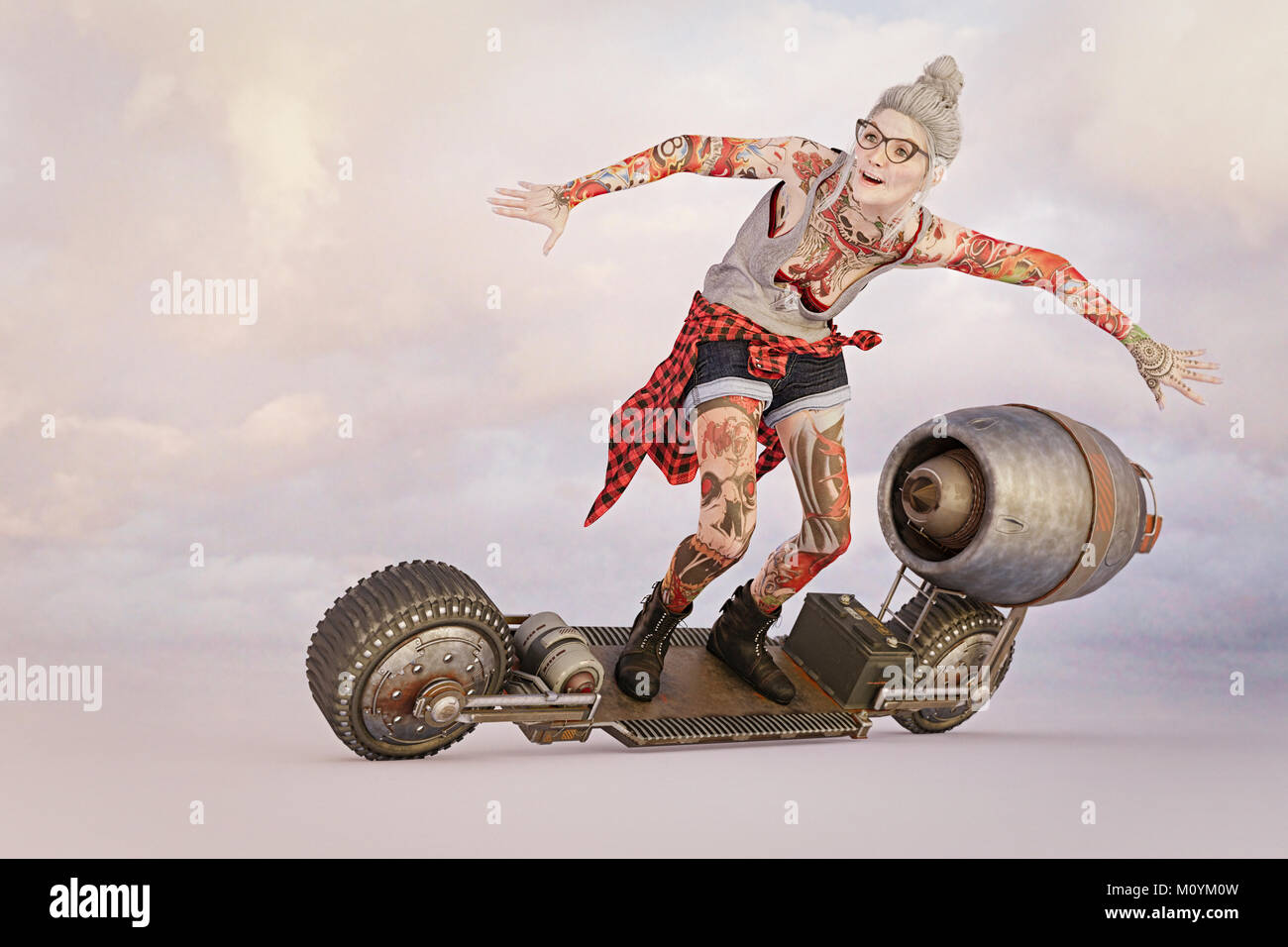 Donna anziana con tatuaggi di equitazione skateboard futuristico Foto Stock