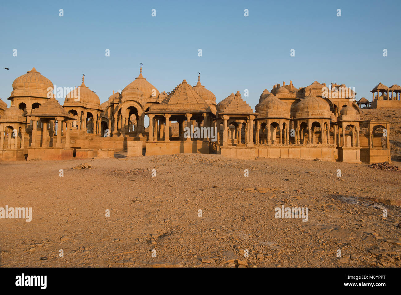 Il cenotaphs di Bada Bagh al tramonto, Jaisalmer, Rajasthan, India Foto Stock