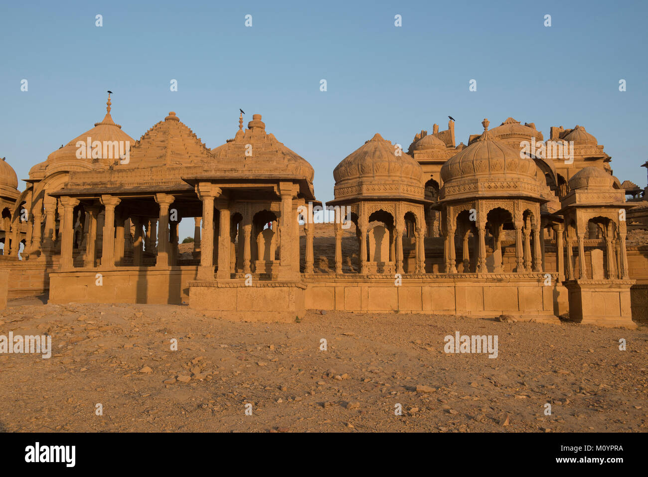Il cenotaphs di Bada Bagh al tramonto, Jaisalmer, Rajasthan, India Foto Stock