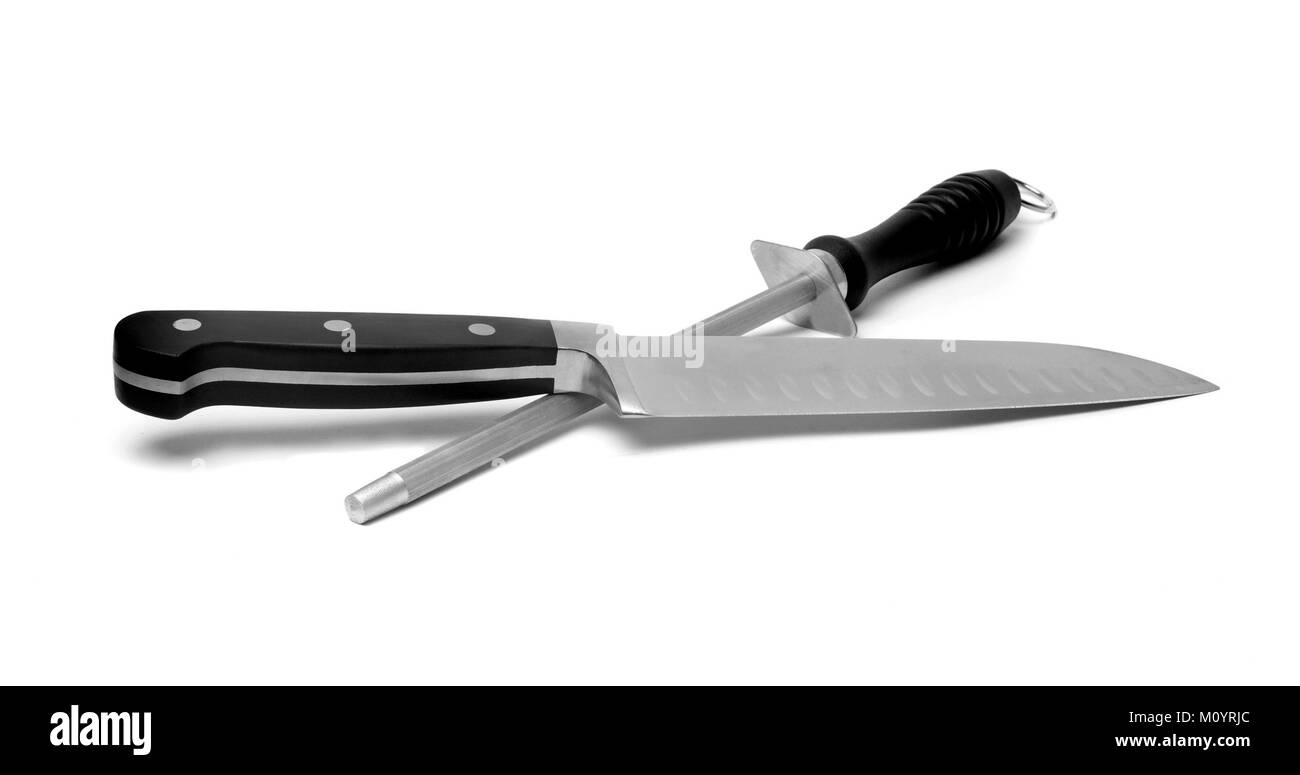 Nero coltello da cucina e temperino sul bianco Foto Stock